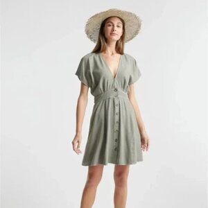 Quince Vintage Wash Tencel Button Front Dress with Tie Waist size S Olive Green